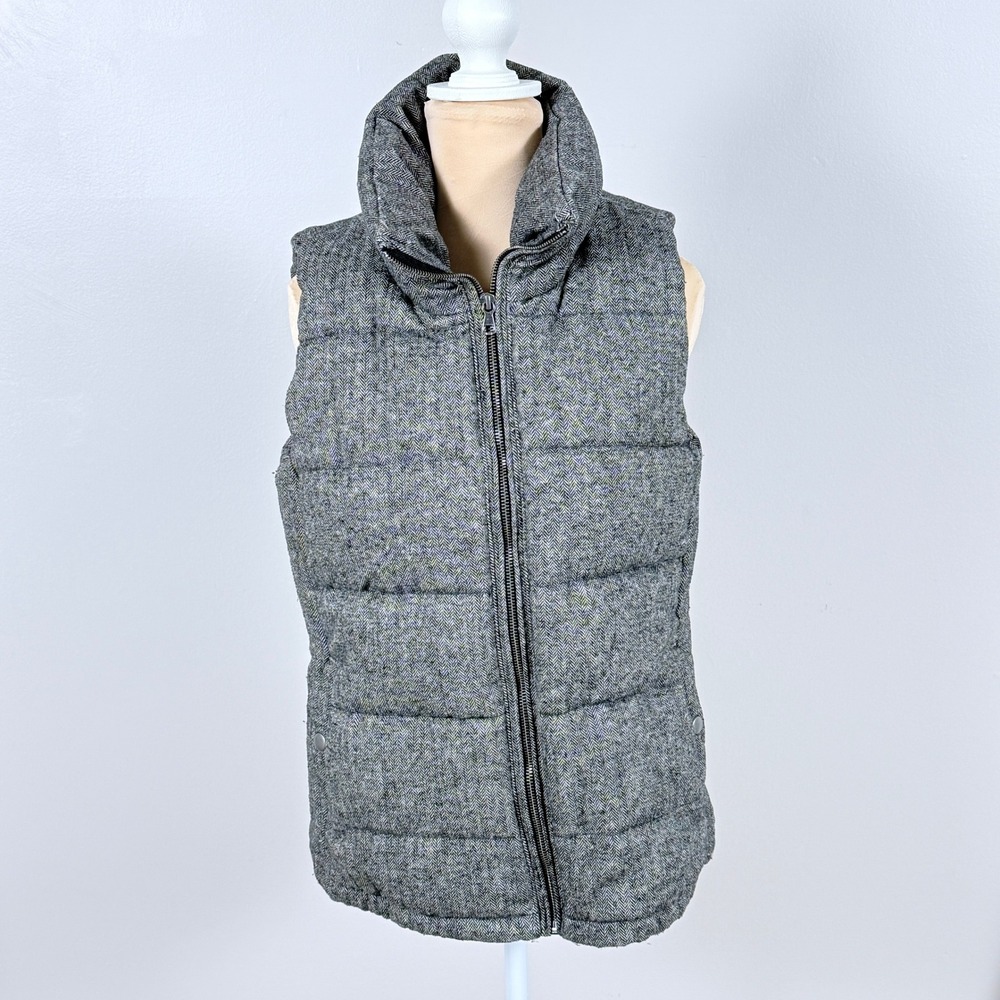Old Navy Puffer Vest Women Small Gray Excellent Herringbone Tweed Puffer